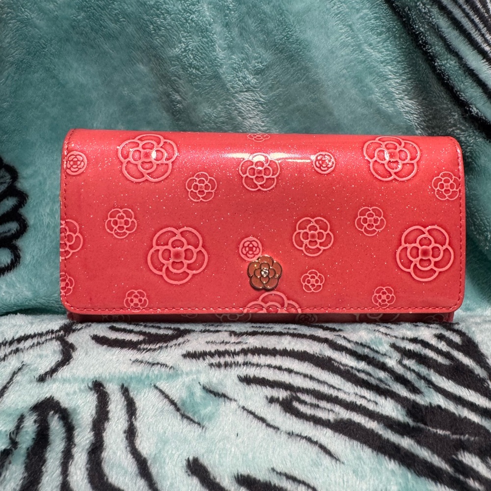 Floral Embossed Coral Wallet with Flower Accent